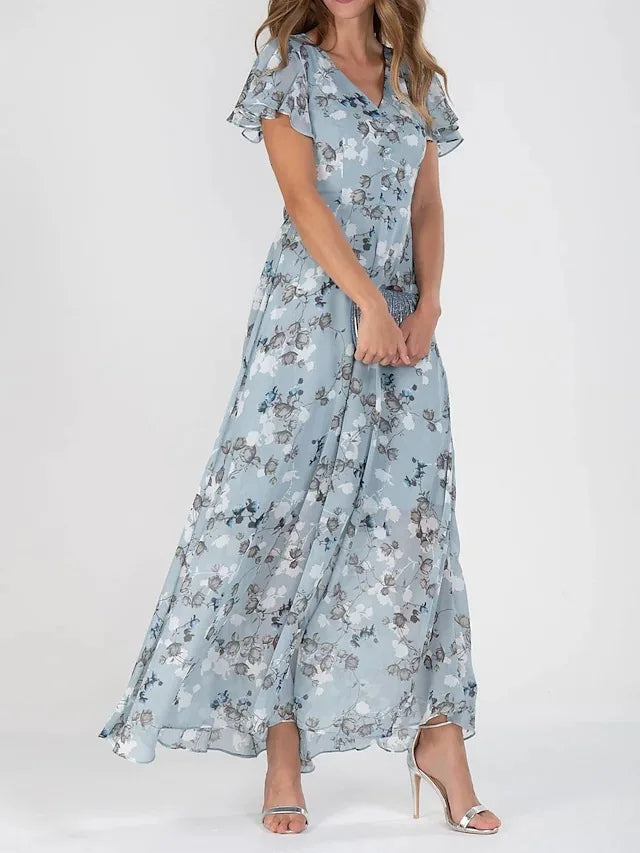 Robe longue maxi pour femme, imprimé floral, col en V, manches courtes flatteuses 1