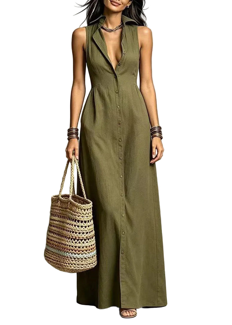 Robe longue pour femme à col Claudine et boutonnage simple 0