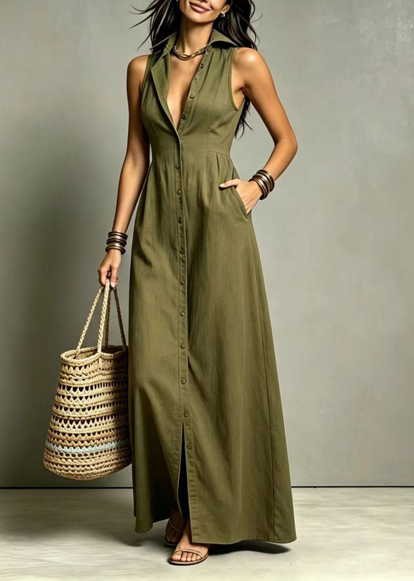 Robe longue pour femme à col Claudine et boutonnage simple 1