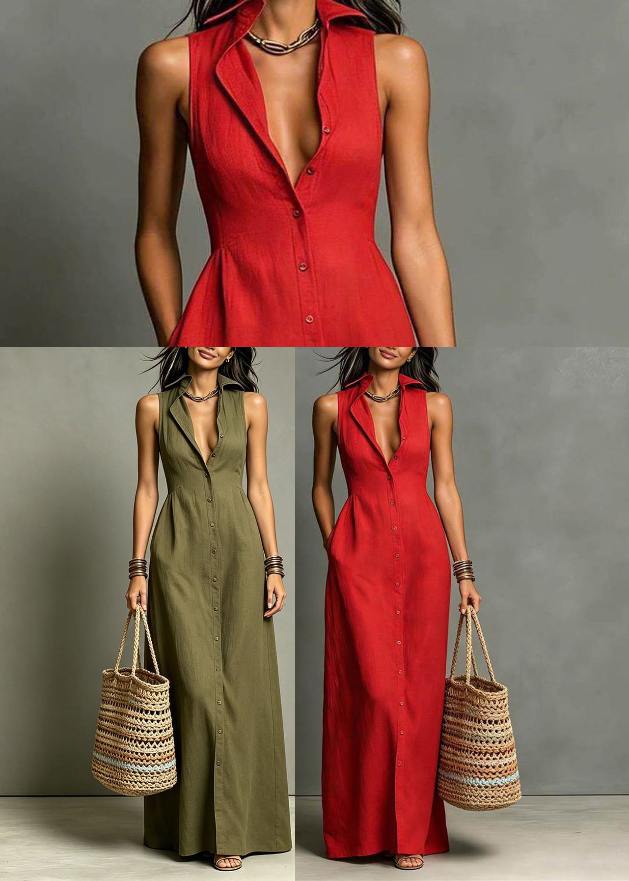Robe longue pour femme à col Claudine et boutonnage simple 4