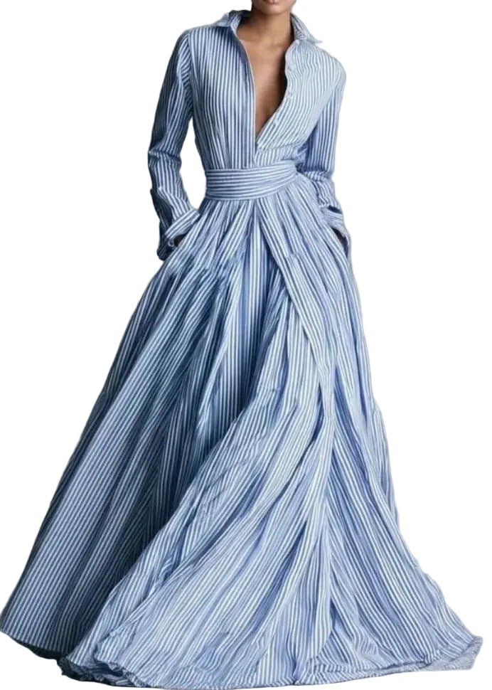 Robe longue pour femme à col claudine rayée 0
