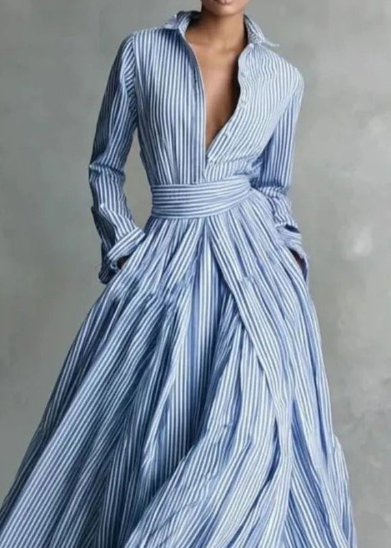 Robe longue pour femme à col claudine rayée 1