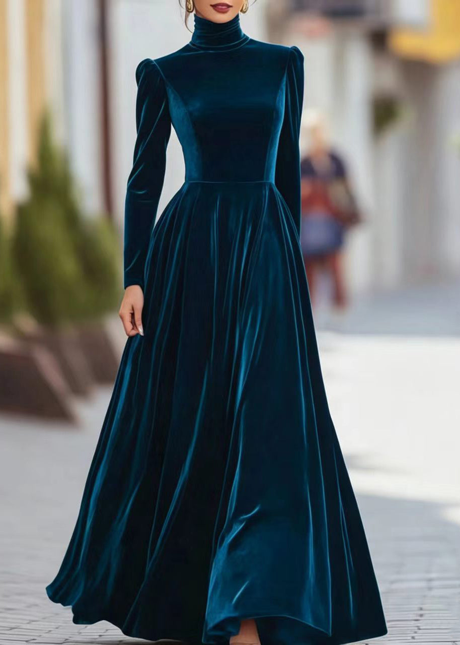 Robe longue pour femme à col haut et manches bouffantes 1