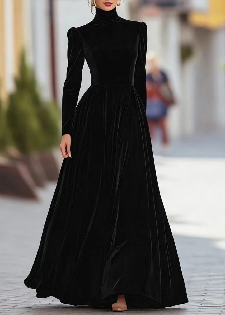 Robe longue pour femme à col haut et manches bouffantes 2