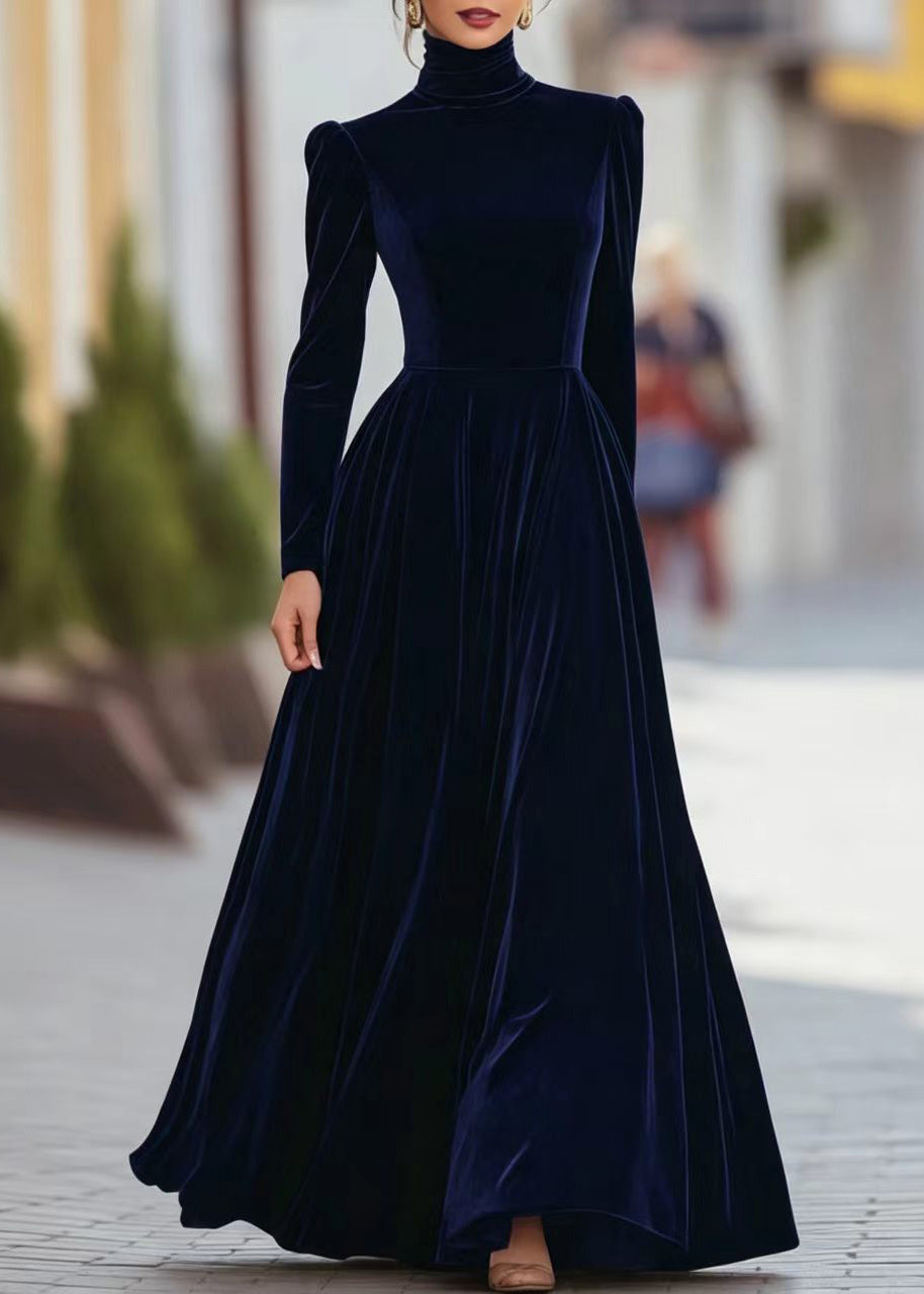 Robe longue pour femme à col haut et manches bouffantes 3