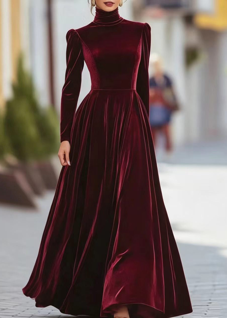 Robe longue pour femme à col haut et manches bouffantes 4