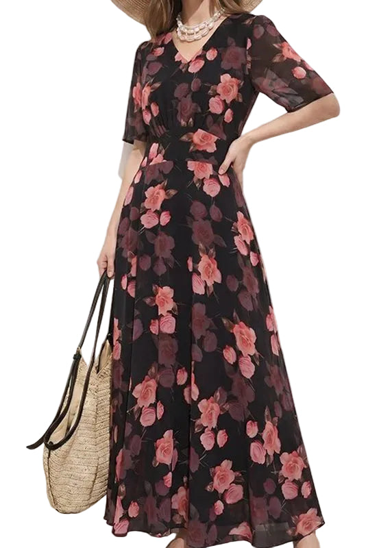 Robe longue pour femme à manches courtes et col en V imprimé 0