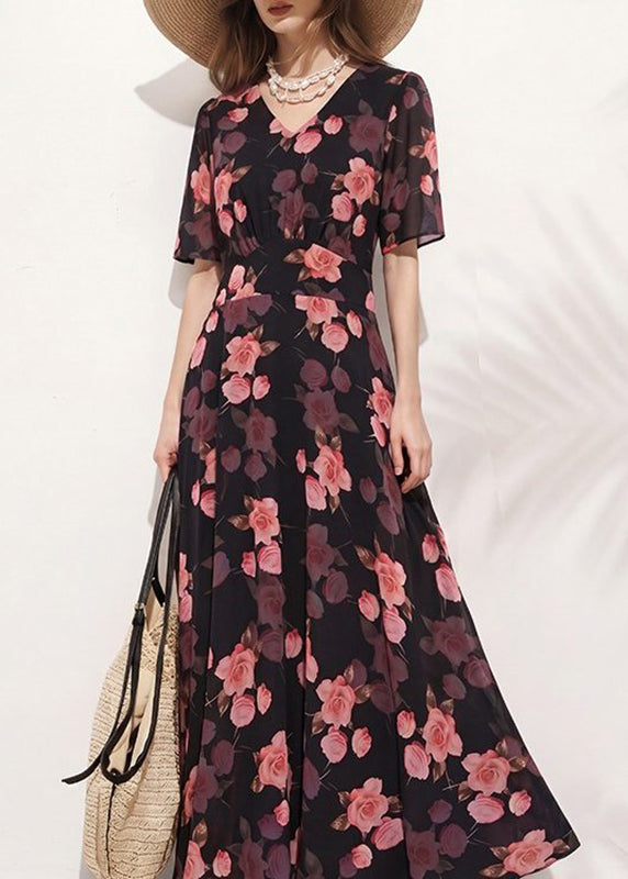 Robe longue pour femme à manches courtes et col en V imprimé 1