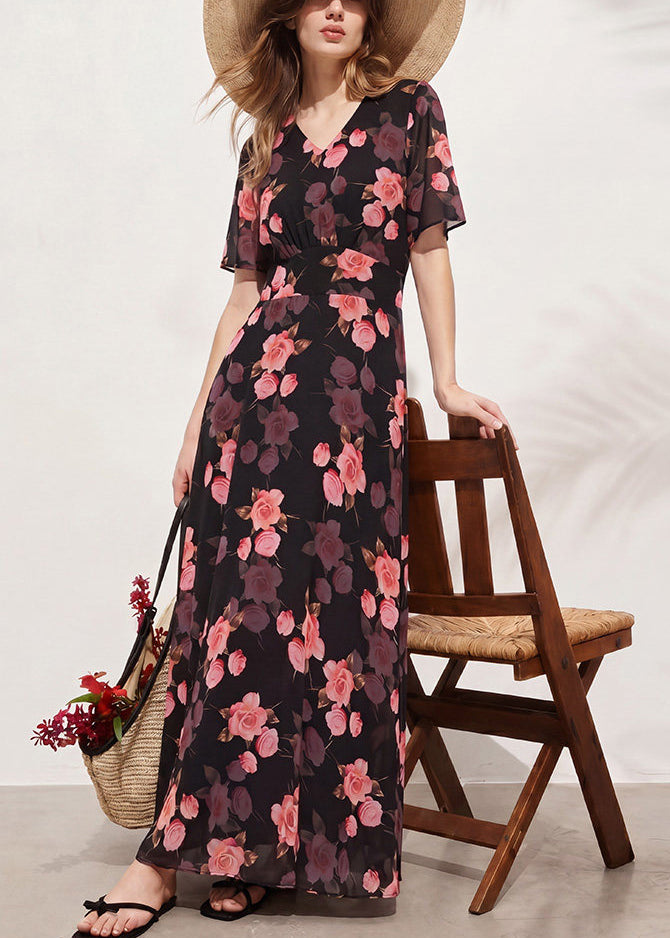 Robe longue pour femme à manches courtes et col en V imprimé 2