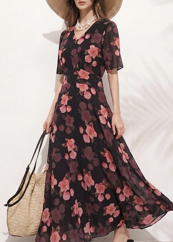 Robe longue pour femme à manches courtes et col en V imprimé 3