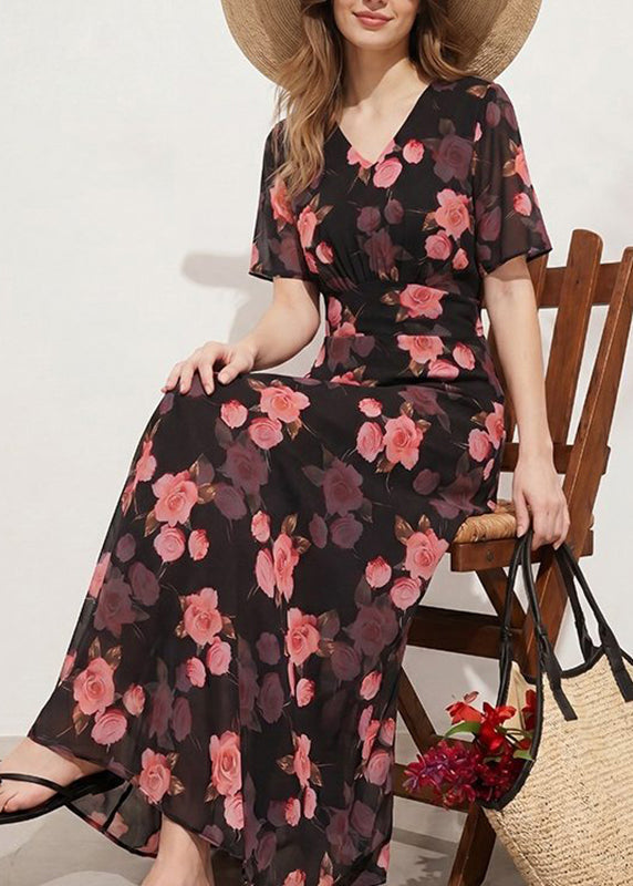 Robe longue pour femme à manches courtes et col en V imprimé 4
