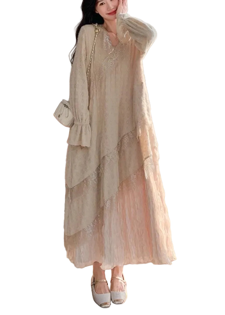 Robe longue pour femme style patchwork en dentelle froissée 0