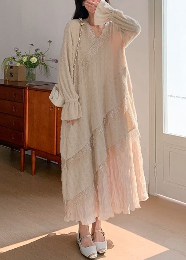 Robe longue pour femme style patchwork en dentelle froissée 1