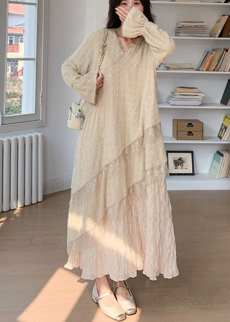Robe longue pour femme style patchwork en dentelle froissée 2