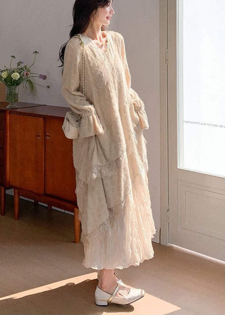 Robe longue pour femme style patchwork en dentelle froissée 3