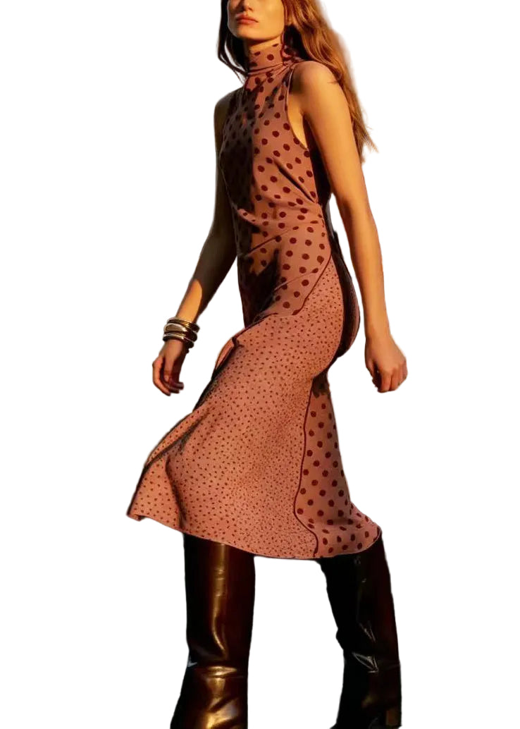 Robe longue sans manches à col roulé pour femme style patchwork 1