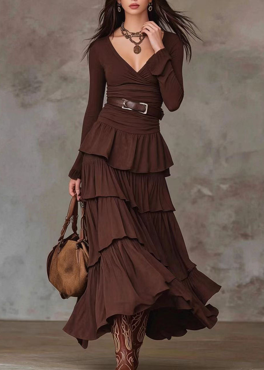 Robe longue superposée à col en V manches longues pour femme 1