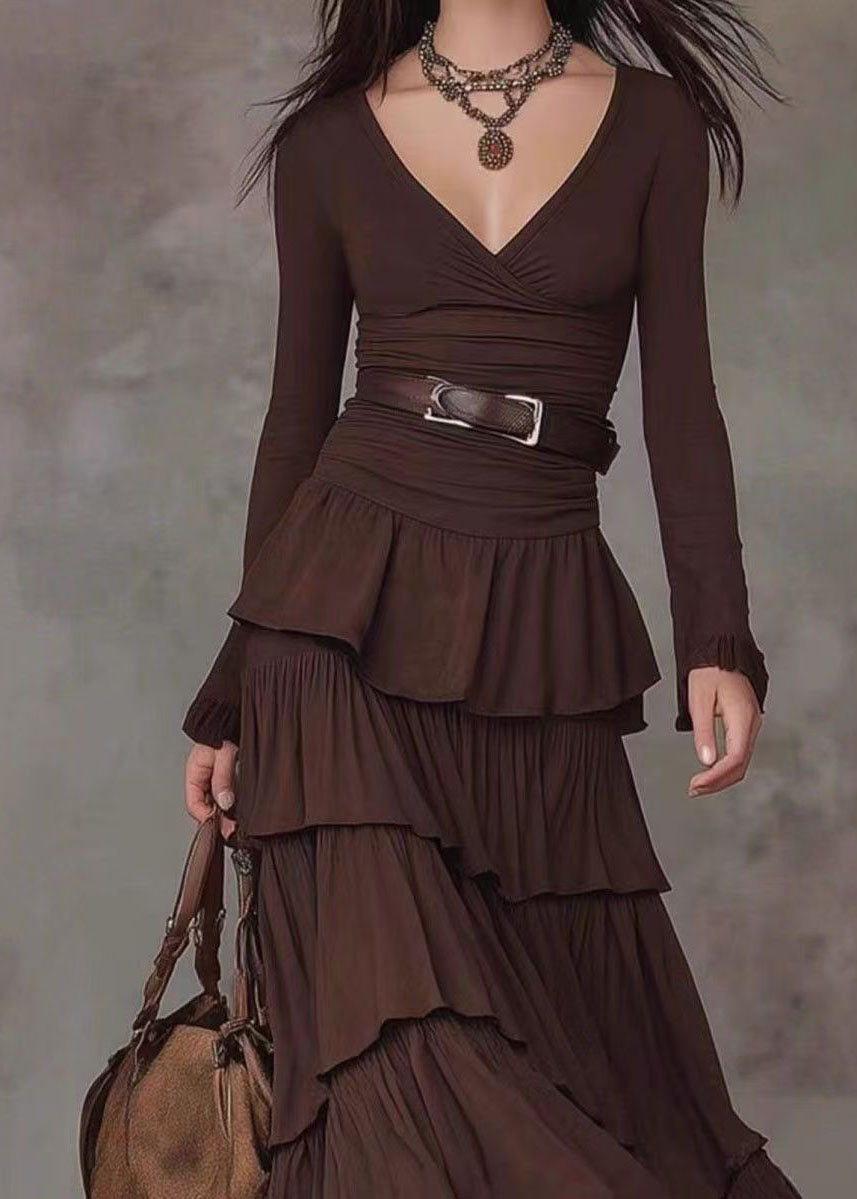 Robe longue superposée à col en V manches longues pour femme 3