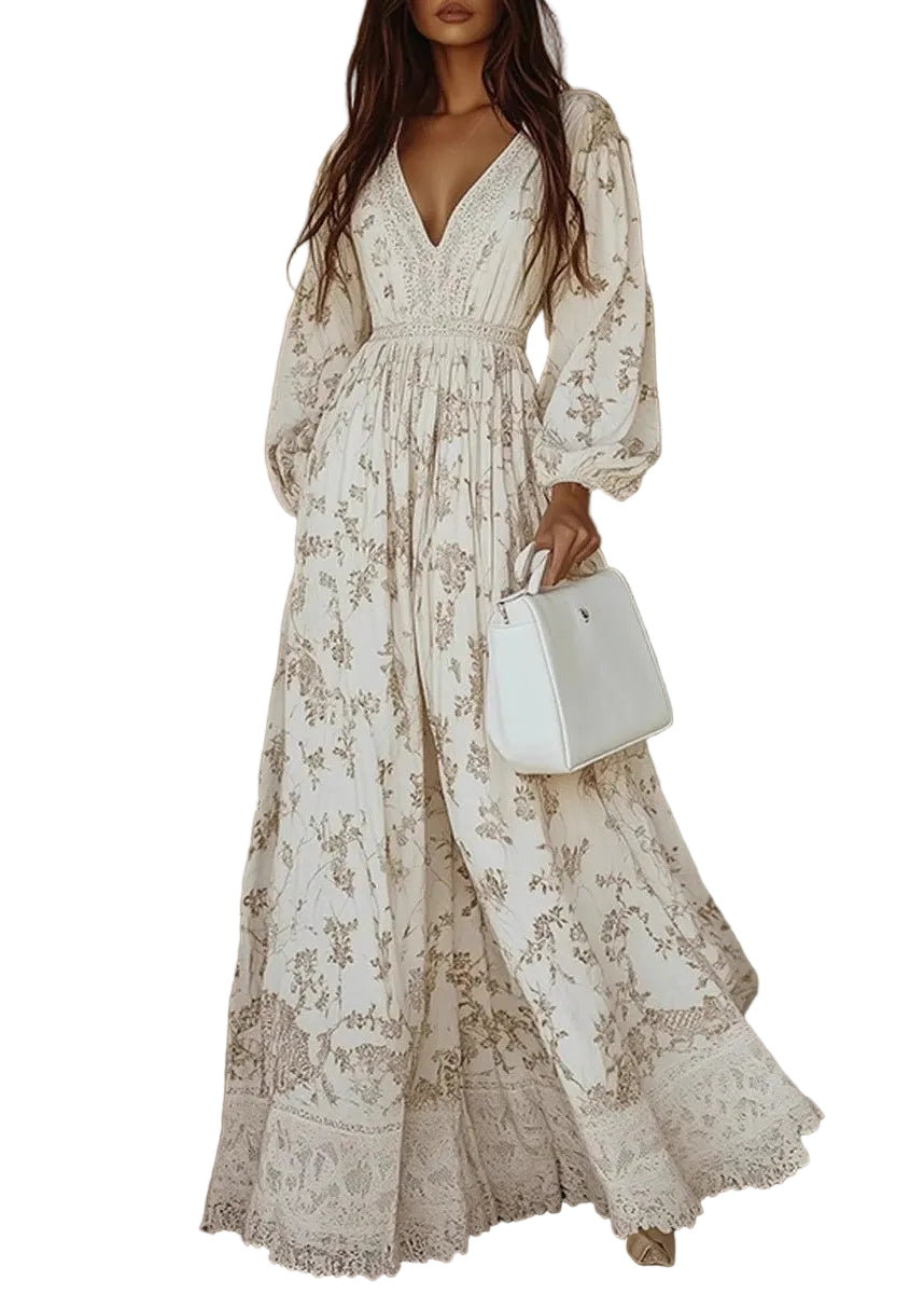 Robe maxi femme à manches lanternes et imprimé froissé 0