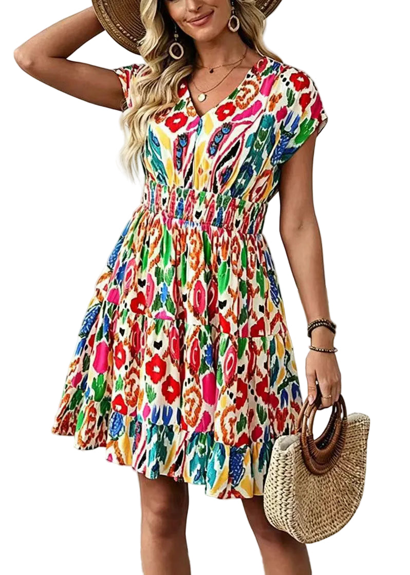 Robe mi-longue Femme Taille Haute Col V Imprimée 0