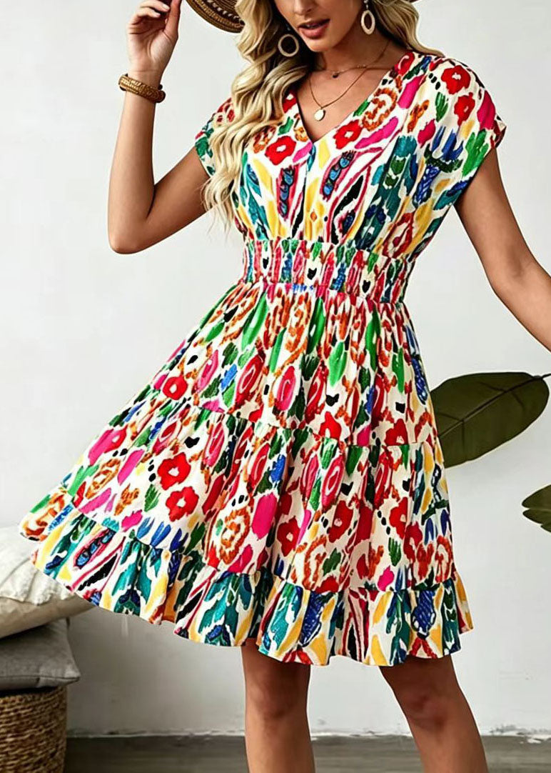 Robe mi-longue Femme Taille Haute Col V Imprimée 2