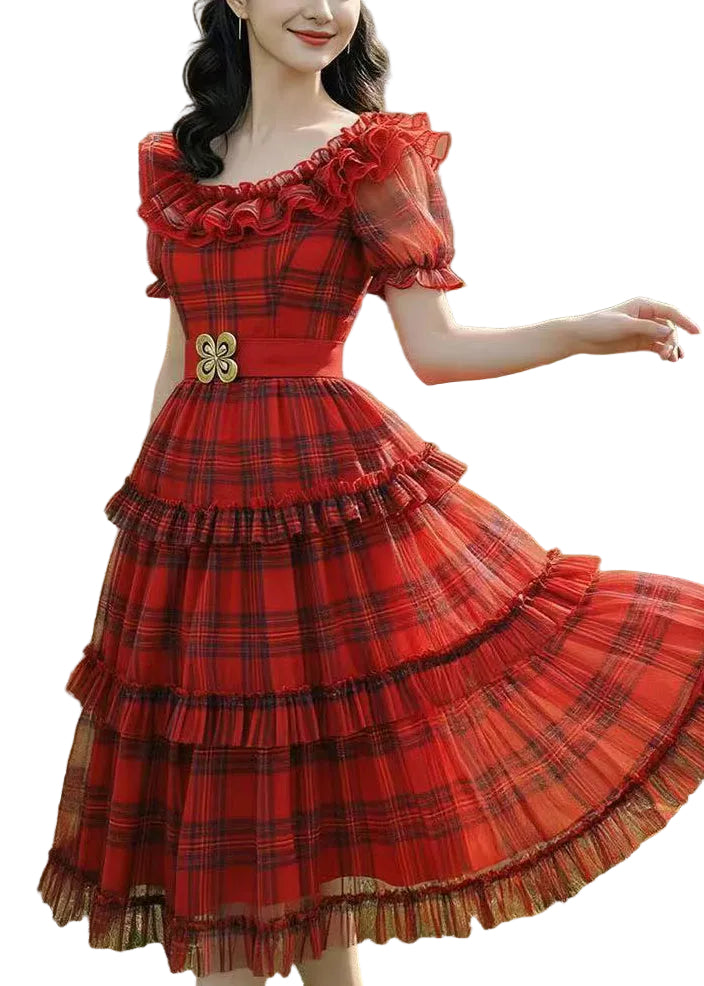 Robe mi-longue à volants pour femme style carreaux 0