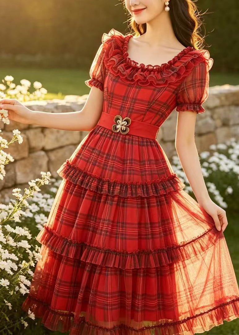 Robe mi-longue à volants pour femme style carreaux 2