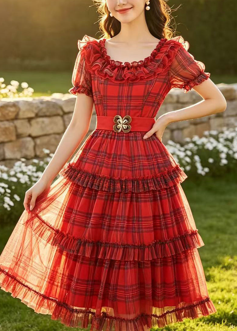 Robe mi-longue à volants pour femme style carreaux 3