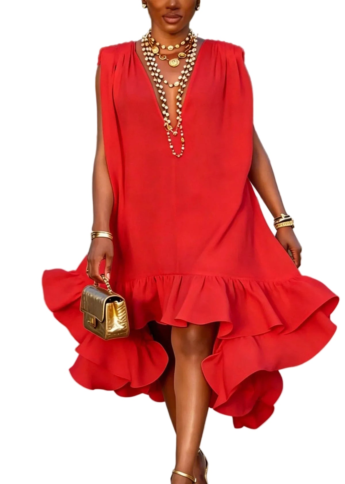 Robe mi-longue pour femme à col en V et volants style patchwork 1