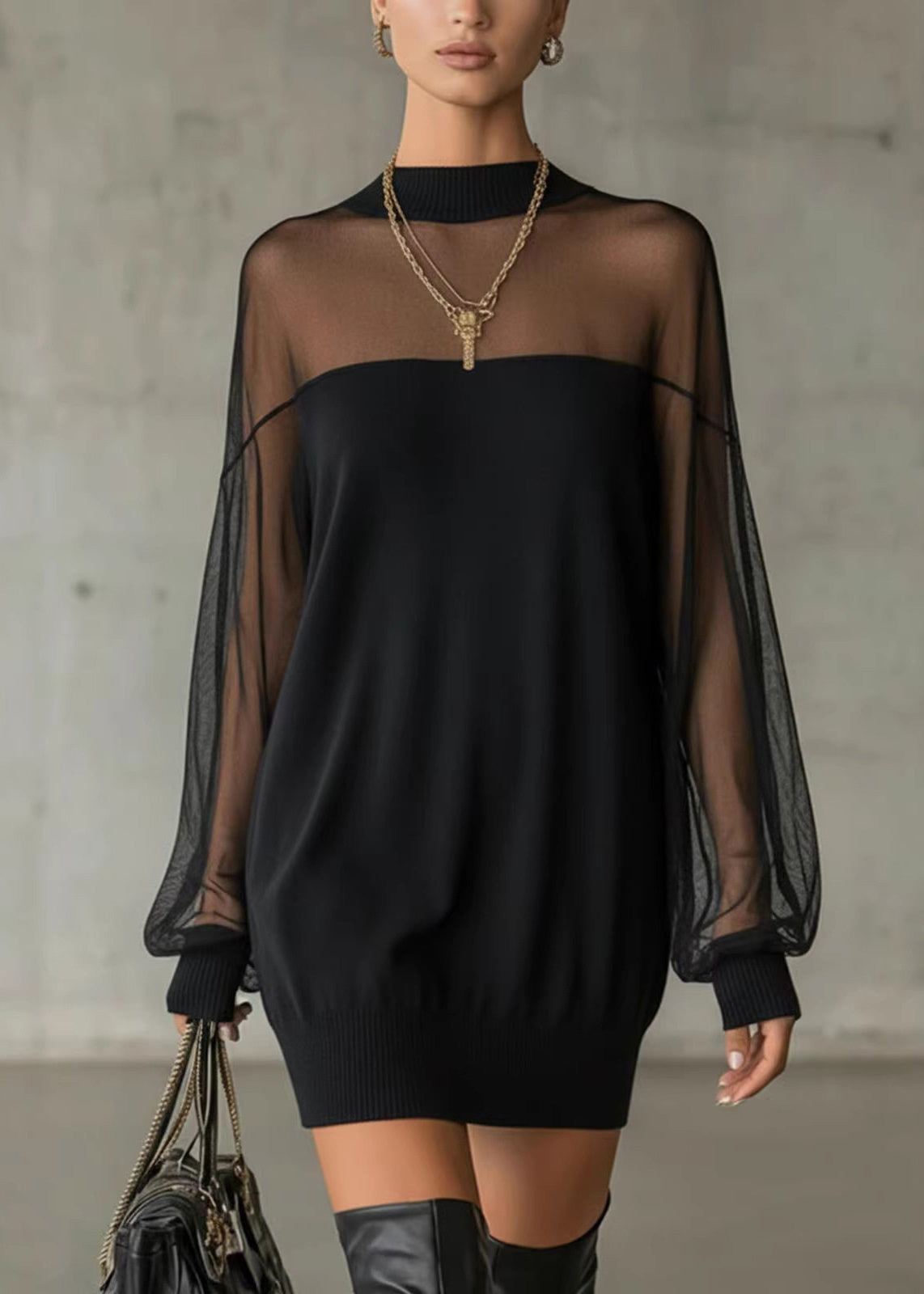 Robe mi-longue pour femme à col rond et patchwork automnal 2