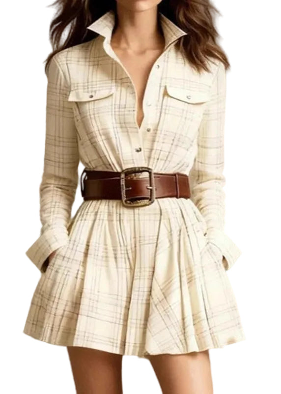 Robe mi-longue rayée avec ceinture pour femme col Peter Pan manches longues 0