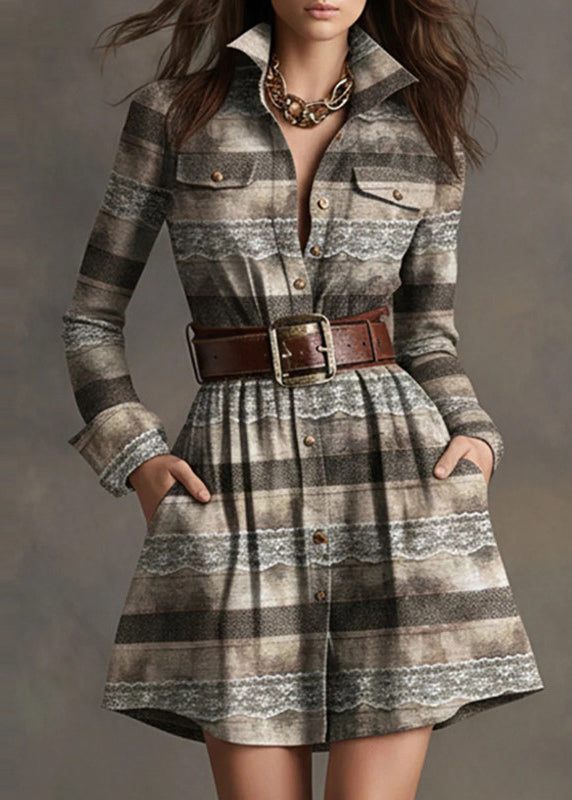 Robe mi-longue rayée avec ceinture pour femme col Peter Pan manches longues 3