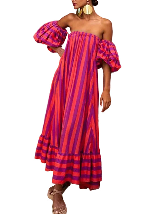 Robe sans bretelles à rayures avec manches bouffantes pour femme 0