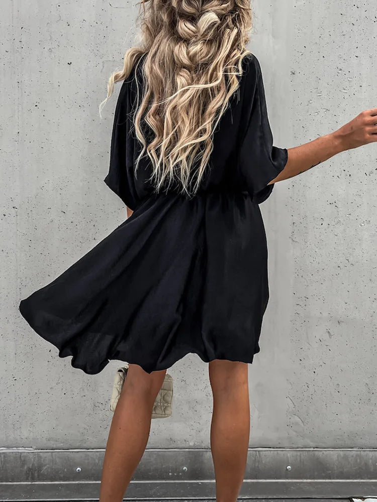 Robe Femme Mini Élégante Polyvalente en Tissu avec Col en V 4