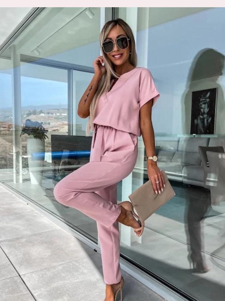 Combinaison Femme Chic Manches Courtes Décolleté en V 100% Polyester-5