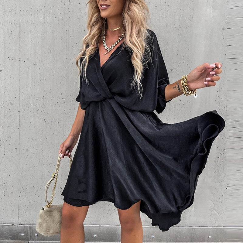 Robe Femme Mini Élégante Polyvalente en Tissu avec Col en V 1