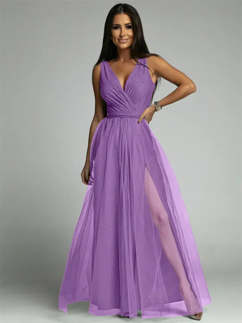 Robe Femme Longue Élégante Croisée Col V en Mélange de Polyester 6