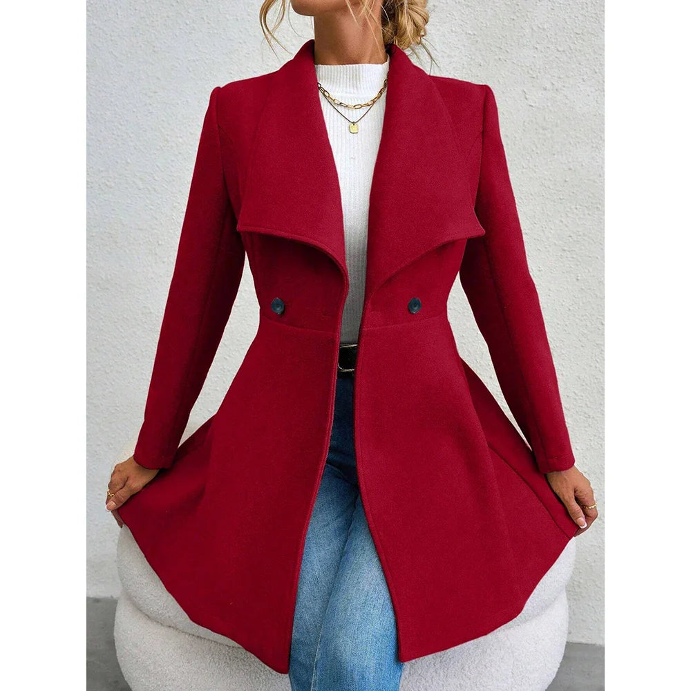 Manteau Hiver Femme Noir Cintré Élégant en Mélange de Laine-2