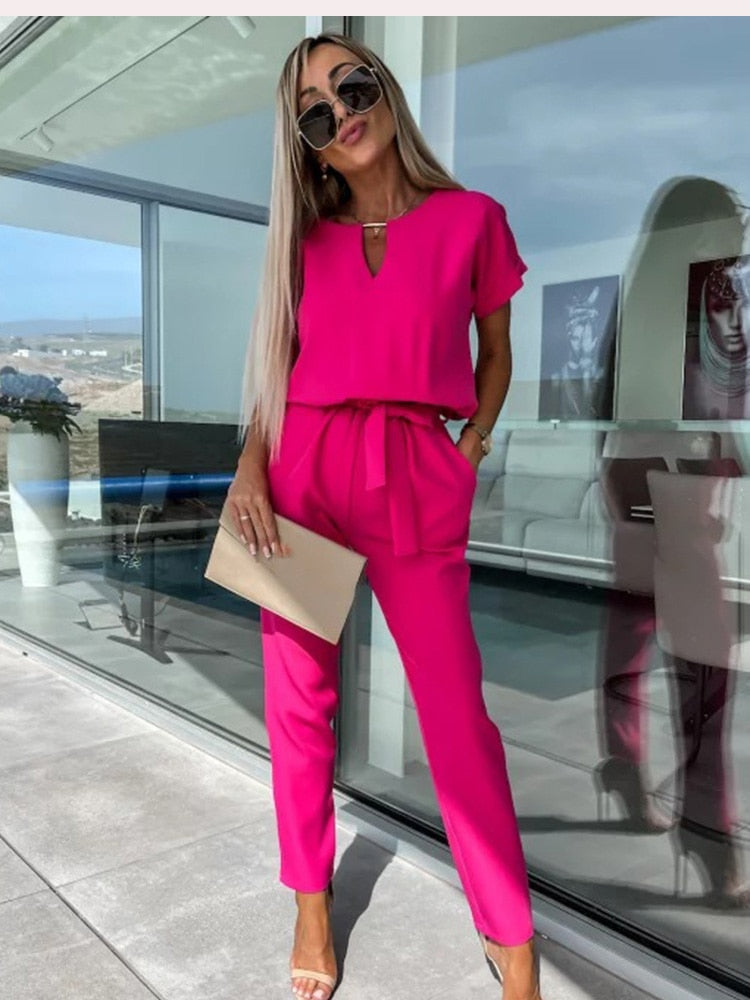 Combinaison Femme Chic Manches Courtes Décolleté en V 100% Polyester-1