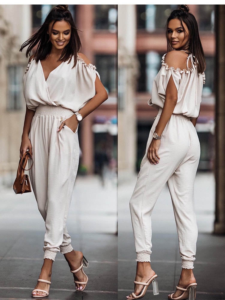 Combinaison Femme Chic Épaules Ouvertes Col en V Polyester-4