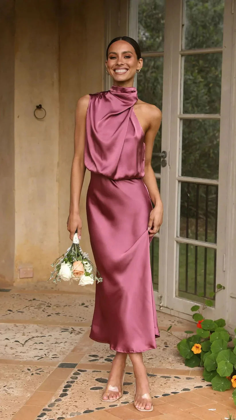 Robe Femme Longue Satinée à Une Épaule Élégante pour Soirée-1