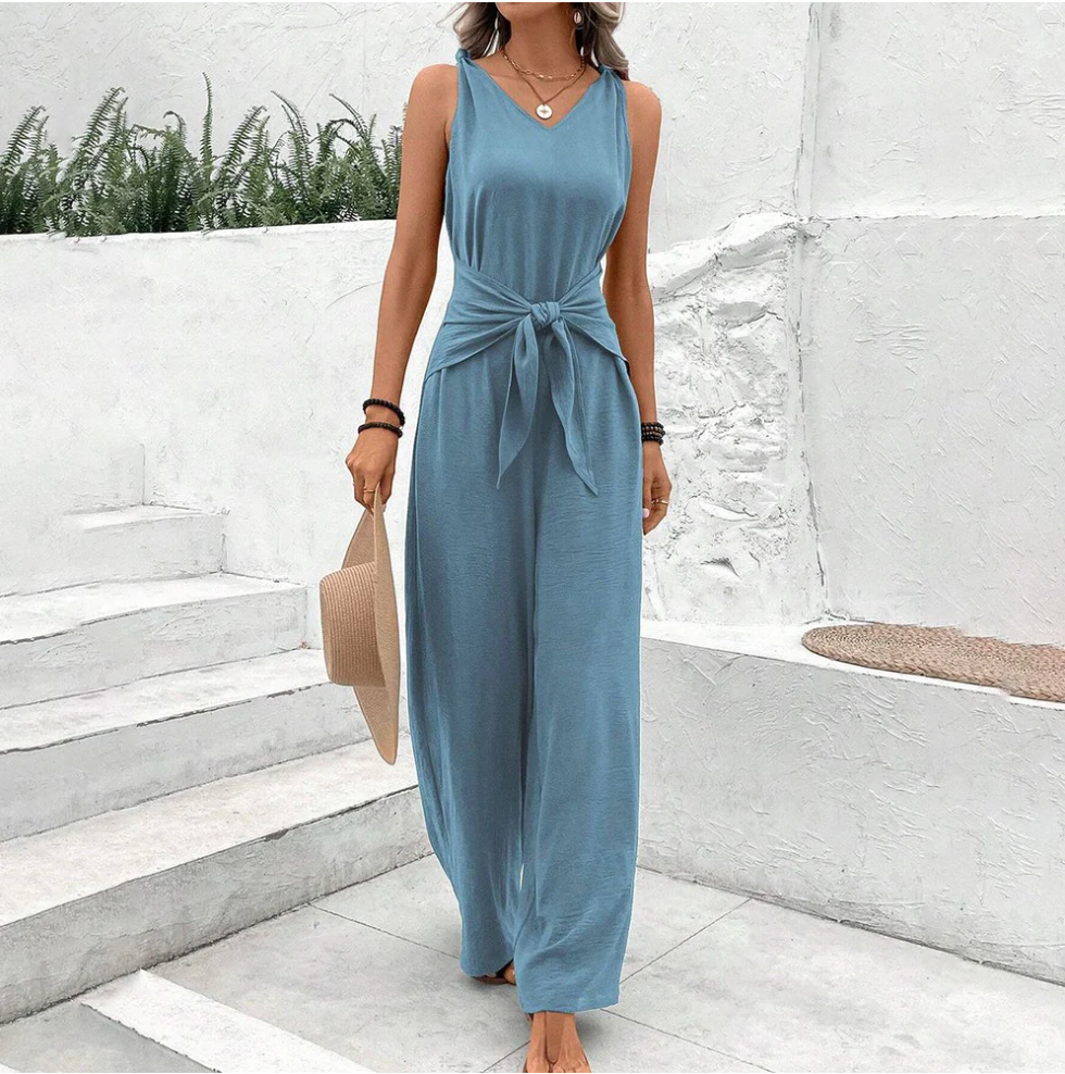 Combinaison Femme Chic Sans Manches Tissu Léger Jambes Larges-1