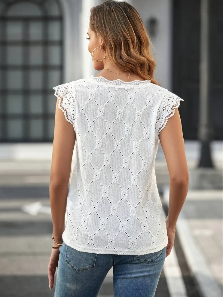 Haut Femme Élégant Col en V Brodé Tissu Léger-2