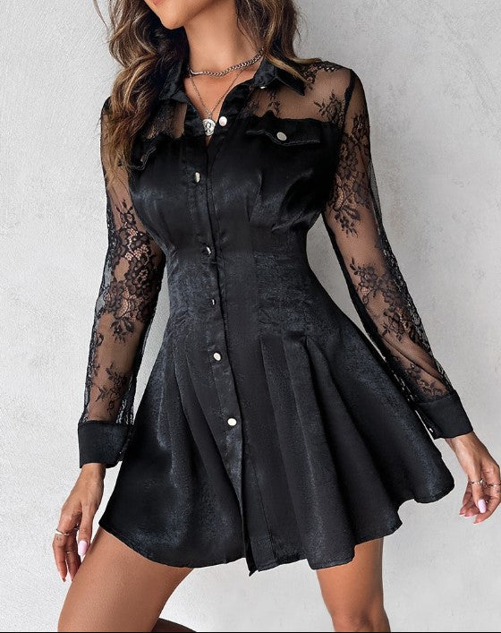 Robe Chemisier Longue Femme En Dentelle Contrastée 100% Polyester-4