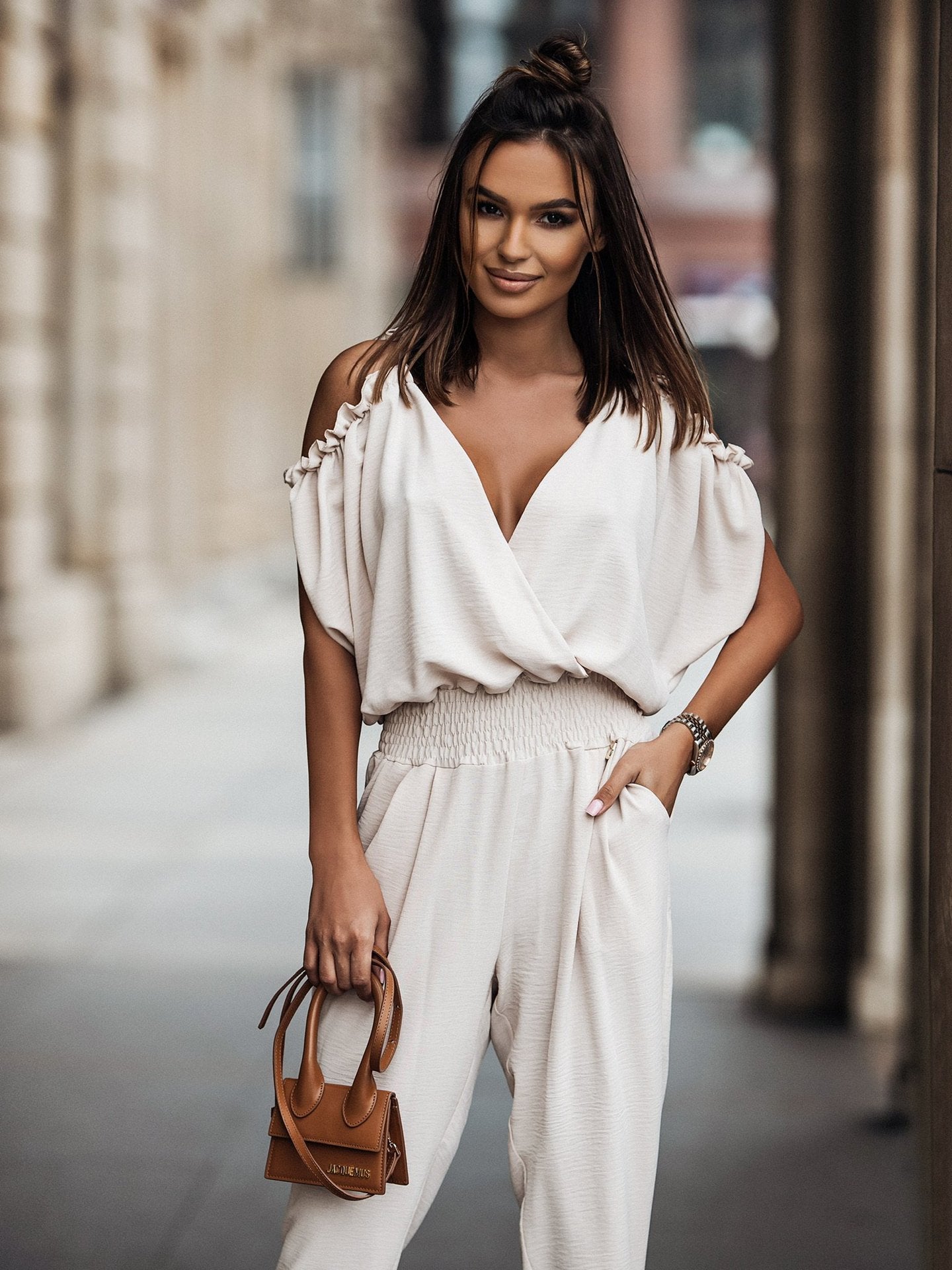 Combinaison Femme Chic Épaules Ouvertes Col en V Polyester-2
