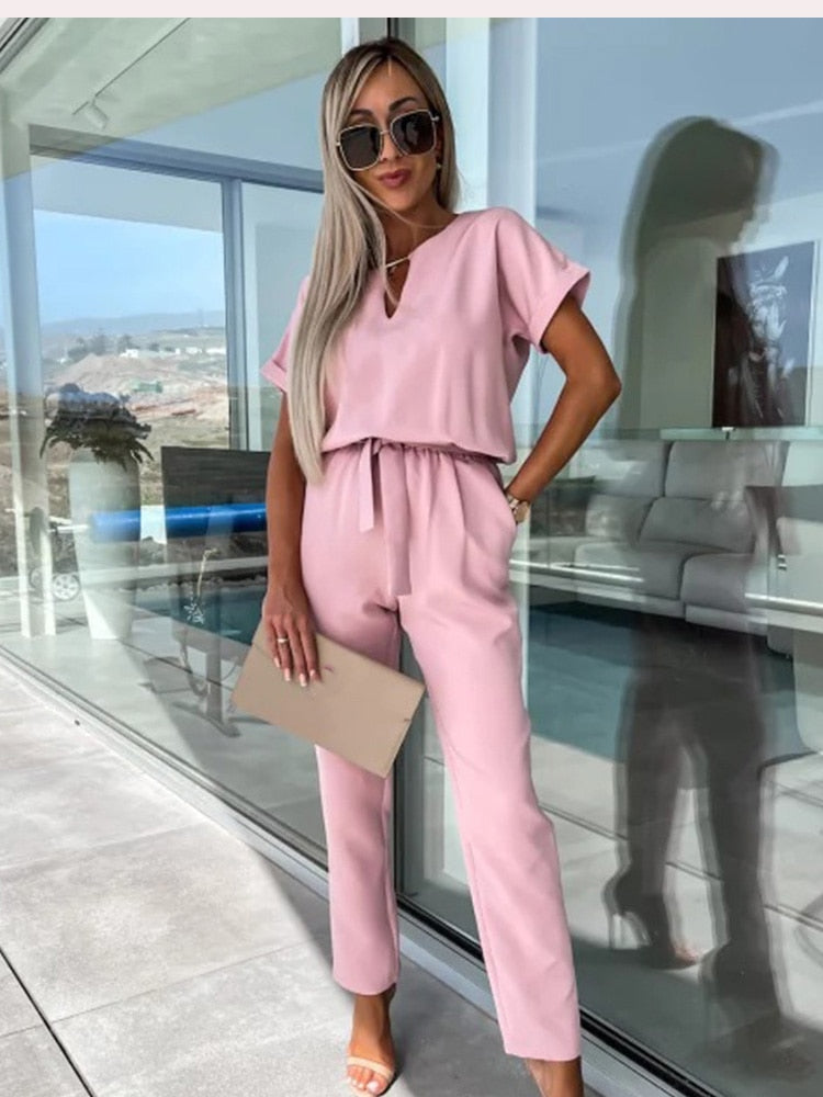 Combinaison Femme Chic Manches Courtes Décolleté en V 100% Polyester-4