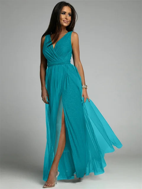 Robe Femme Longue Élégante Croisée Col V en Mélange de Polyester 3