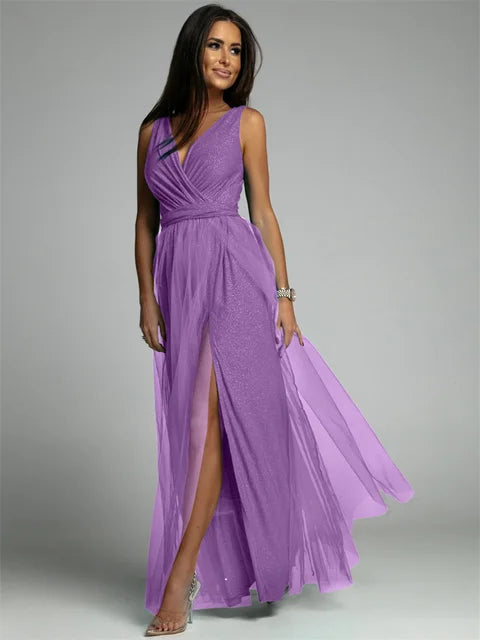 Robe Femme Longue Élégante Croisée Col V en Mélange de Polyester 4