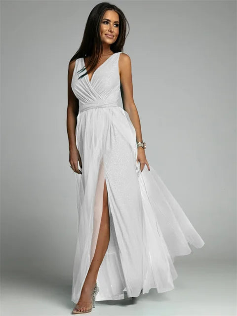 Robe Femme Longue Élégante Croisée Col V en Mélange de Polyester 5