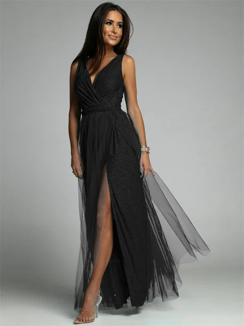 Robe Femme Longue Élégante Croisée Col V en Mélange de Polyester 1
